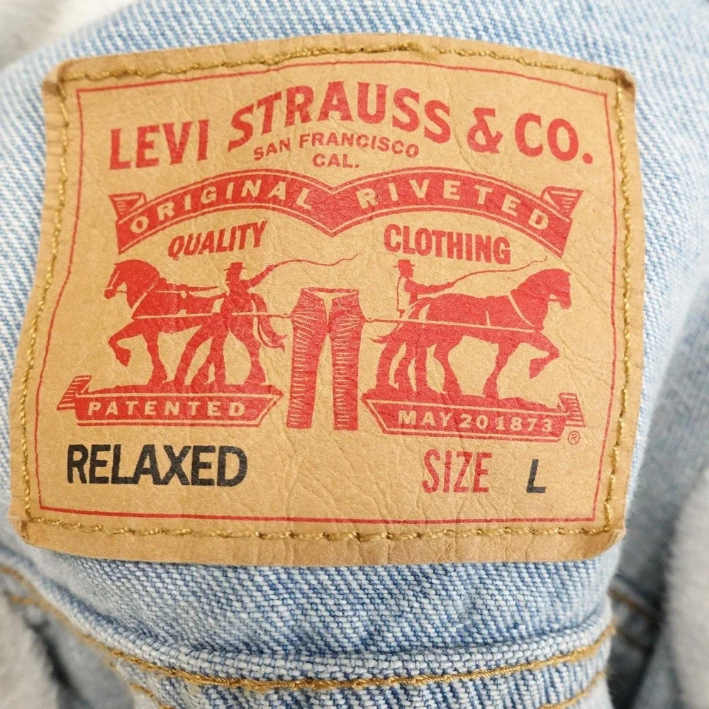 Levi's Jacket Mens L Blue Denim Hooded Varsity Relaxed Fit Button Front Sleeves